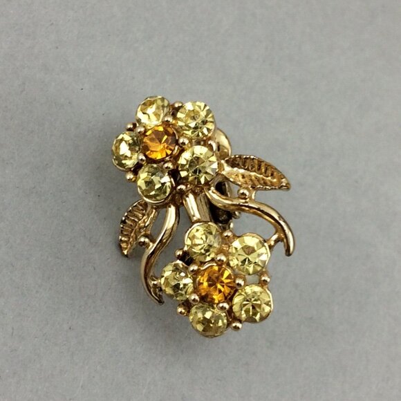 Vintage Coro Yellow Orange Gold Flower Clip On Earrings Cocktail Sparklers Leaf - Picture 3 of 16